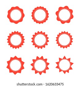 Set of red starburst stamps on white background. 
