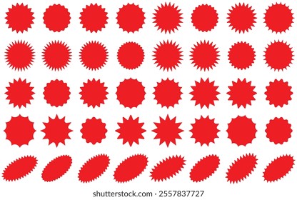 Set of red starburst sticker badge, sunburst sale tag. Blank retro sunburst Price label sticker, price tag, quality mark. Sun ray discount coupon, promotional badge set, shopping labels.