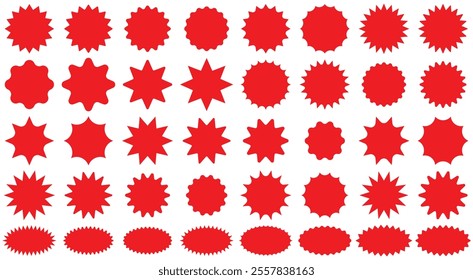 Set of red starburst sticker badge, sunburst sale tag. Blank retro sunburst Price label sticker, price tag, quality mark. Sun ray discount coupon, promotional badge set, shopping labels.