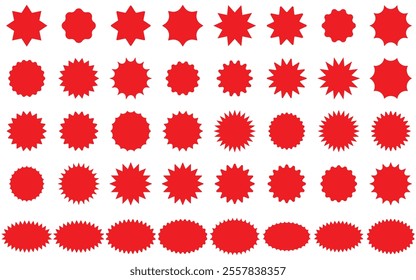 Set of red starburst sticker badge, sunburst sale tag. Blank retro sunburst Price label sticker, price tag, quality mark. Sun ray discount coupon, promotional badge set, shopping labels.