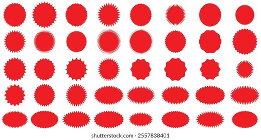 Set of red starburst sticker badge, sunburst sale tag. Blank retro sunburst Price label sticker, price tag, quality mark. Sun ray discount coupon, promotional badge set, shopping labels.