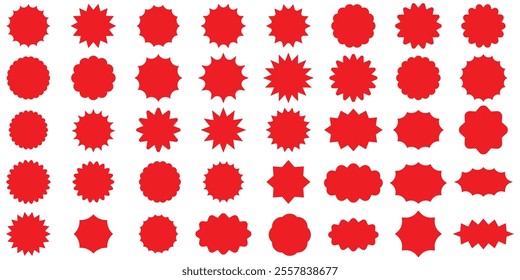 Set of red starburst sticker badge, sunburst sale tag. Blank retro sunburst Price label sticker, price tag, quality mark. Sun ray discount coupon, promotional badge set, shopping labels.