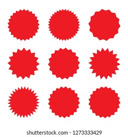 Set of red starburst, sunburst badges. Design elements - best for sale sticker, price tag, quality mark. Flat vector illustration isolated on white background.