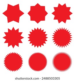 Set of red starburst. Sunburst badges. Design elements. Best for sale sticker, price tag, quality mark. Flat vector sunburst and starburst illustration isolated on white background.
