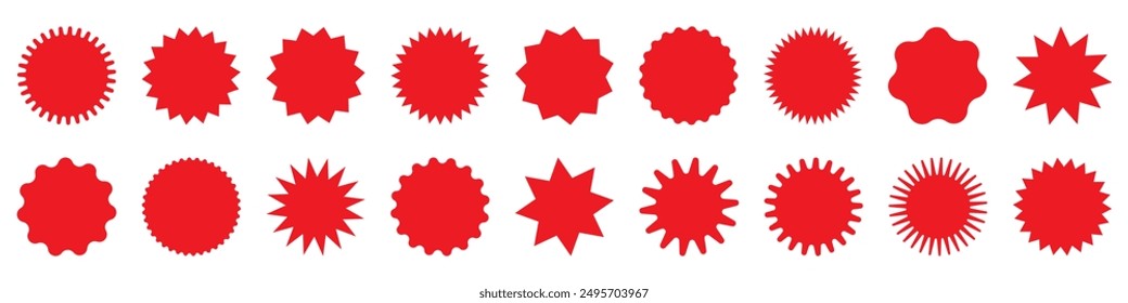 Set of red starburst, sunburst badges. Design elements - best for sale sticker, price tag, quality mark. Flat vector illustration isolated on white background.