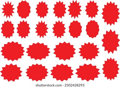 Set of red starburst, sunburst badges Star burst price icon. Promo stickers with star edges
stamps isolated on white background, Round, cloud retail tag. Color illustration, Simple empty pricetag.