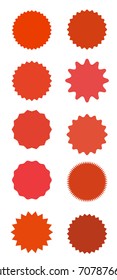 Set of red starburst, sunburst badges, labels, stickers. Simple flat style. Vintage, retro. Design elements. A collection of different types icon. Vector illustration 