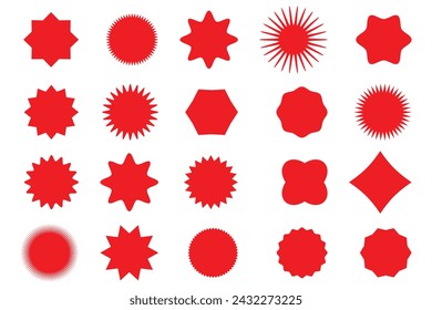Set of red starburst. Sunburst promotion tag. Starburst speech bubbles. Price sticker, sale sticker, price tag, starburst,