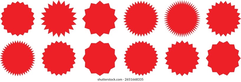 Conjunto de vetor vermelho Starburst, selo Sunburst. rótulo, design de círculo de borda de ziguezague. Conjunto de etiqueta de preço. etiqueta de vendas, ilustração vetorial.