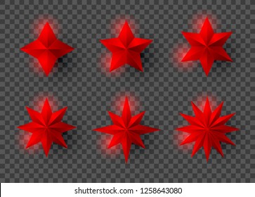 Set of red stars with shadow on transparent background. New year and Christmas design elements, vector illustration.