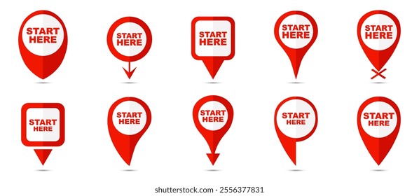 Set of red start here pin pointer icons