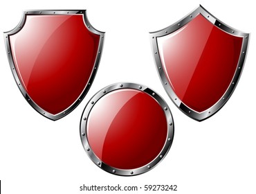 Set of red steel shields - isolated on white (vector)