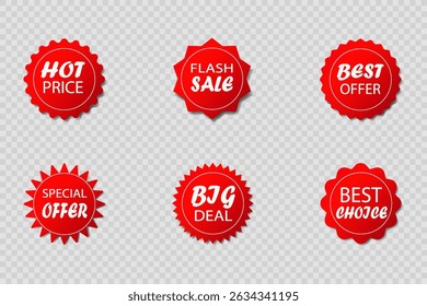 Set of red stickers and banners for discounts, sales and offers.