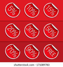 Set of red stickers with different discounts, vector eps10 illustration