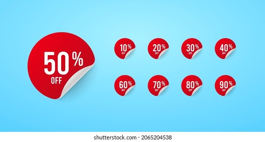 Set of red stickers with different percent discount