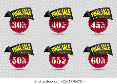 Set of red stickers with discounts and sales. On a transparent background.