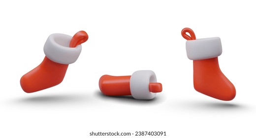 Set of red stockings for Christmas gifts. Pleasant New Year surprises from Santa Claus. Isolated vector objects in different positions. Elements for dynamic design