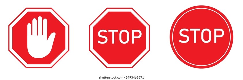 Set of red stop hand block octagon an circle sign. Forbidden icon or adblock or do not enter. Vector illustration.