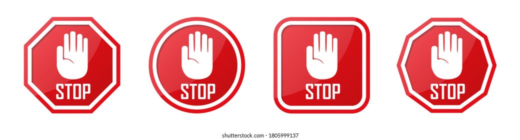 Set of red stop hand sign in different shapes
