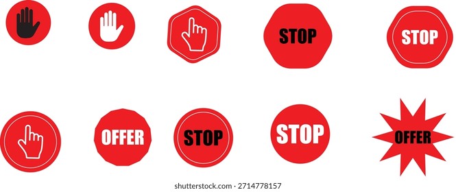 Ein Satz roter Stopps und bieten Schilder in verschiedenen Formen und Designs, einzeln auf weißem Hintergrund, einschließlich Kreisen, Sechsecken und Sternen mit weißem und schwarzem Text