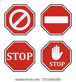 Set of red stop roadsign icon collection. Stop sign vector road sign. Stop hand sign with text. Red stop sign. Vector Illustration.