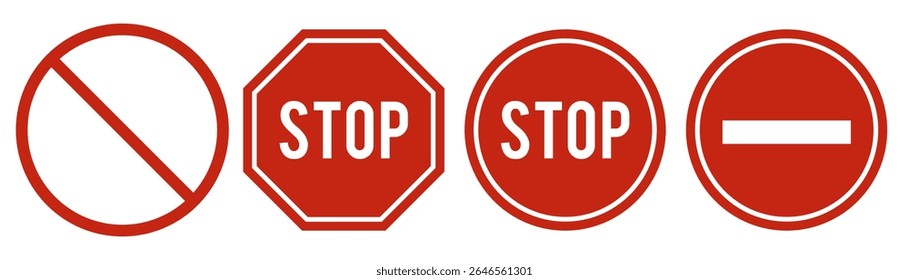 Set of Red Stop Signs. Flat Vector Icons of Prohibition, Warning, and No Entry Symbols in Circle and Octagon Shapes. Isolated Design Elements for Road, Traffic, Alert, and Safety Concepts.