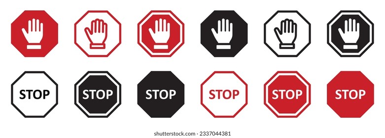 Set of red STOP signs. Stop hand, warning stop icons. Human palm, roadside, do not enter, prohibition sign, stop symbol, hand. Vector.