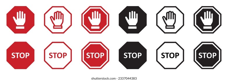 Set of red STOP signs. Stop hand, warning stop icons. Human palm, roadside, do not enter, prohibition sign, stop symbol, hand. Vector.