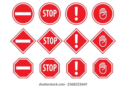 Set of red STOP signs, warning stop icons. Human palm, roadside, do not enter, prohibition sign, stop symbol, hand. Vector Red stop sign with big hand symbol icon illustration