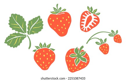 Set of red strawberries. Decorative berries and leaves.