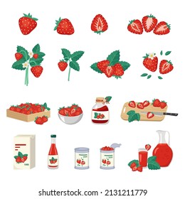 Set of red strawberries and product from it. Berries in box, bowl and on wooden board, jar of jam, packaging, bottle, glass and jug of juice, cans with fruits. Vector flat illustration