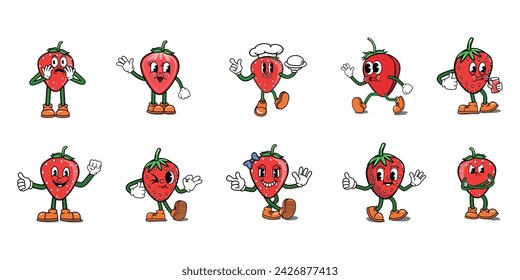 Set of red strawberry cartoon characters. Berry Fruit cartoon expression, Cheerful, funny, cute, thumb up, angry, wave hand, scared, walking