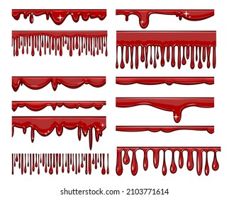 Set of red streaks of liquid. Cherry, plum or strawberry jam. Red paint runs of thickly. Drops slide. Isolated object on white background. Frames. Vector.