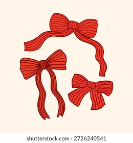 Conjunto de lazos de rayas rojas. Vector dibujado a mano ilustración. Estética de Antiguas Coquette