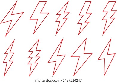 set of red stroke outline lightning bolt, electric thunderbolt, lightning strike, dangerous symbol element vector illustration.
