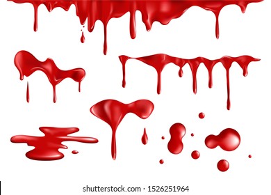 Set of red strokes paint. Drops and splashes of blood. Halloween concept red splashes and spots. 