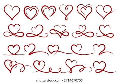 A set of red stylized hearts in one line. 

