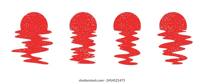 Set of red sun silhouettes. Vector long reflection in water. Retro sunset in waves. illustration