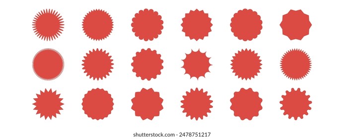 Set von roten Sunburst-Aufklebern. Preis-Tags mit Zickzack, Jakobsmuschel, gewellten Kanten. Kit von Abzeichen, Stempel, Etiketten, Sprechblasen auf weißem Hintergrund isoliert.