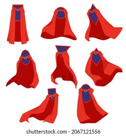 Set of red super hero capes or cloaks with black empty badges or frames in various shapes inside, flat vector illustration isolated on white background.