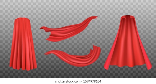 Set of red superhero cloaks or flowing silk fabrics, realistic vector illustration isolated on transparent background. Carnival clothes, decorative costume element.