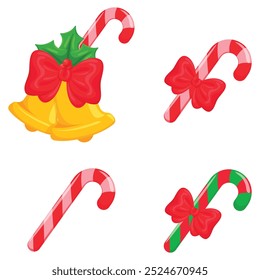Set of red sweetmeats, including hard candy, candy cane, and lollipop. Vector illustration for web and mobile design, isolated on white