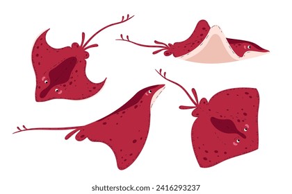 Set of red swimming stingrays flat style, vector illustration isolated on white background. Decorative design elements collection, underwater inhabitant, wildlife