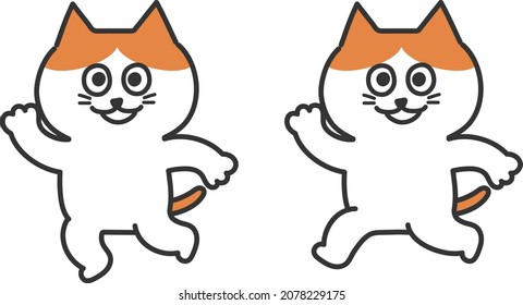 Set of red tabby and white cat waving his hand with delight. Vector illustration isolated on white background.