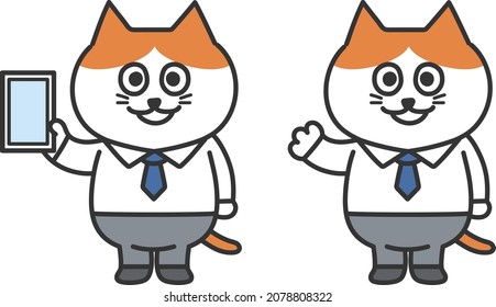 Set of red tabby and white cat working in sales. Vector illustration isolated on white background.