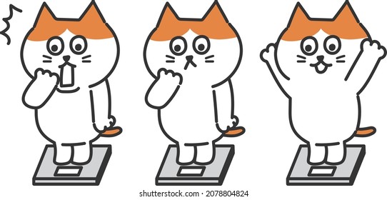 Set of red tabby and white cats getting on the body scale. Vector illustration isolated on white background.