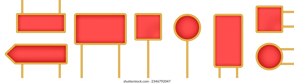 Set of red tablets, hanging panels, signboards with pointer isolated on a transparent background. Round and square signposts. 3D metal roadside pointers. Blank billboard