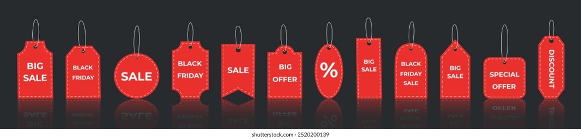 Conjunto de etiquetas rojas sobre fondo negro. Concepto de venta de Black Friday. Compras del Black Friday.
