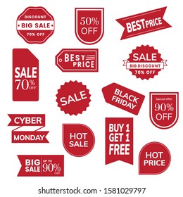 Set of red tags. Sale promotion and gift card in different shapes. Vector illustration