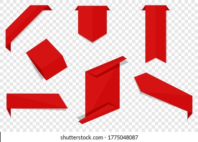 Conjunto de etiquetas rojas. Etiquetas vectoriales y distintivos aislados en un fondo transparente. Pancartas planas para publicidad. Ilustración de acciones